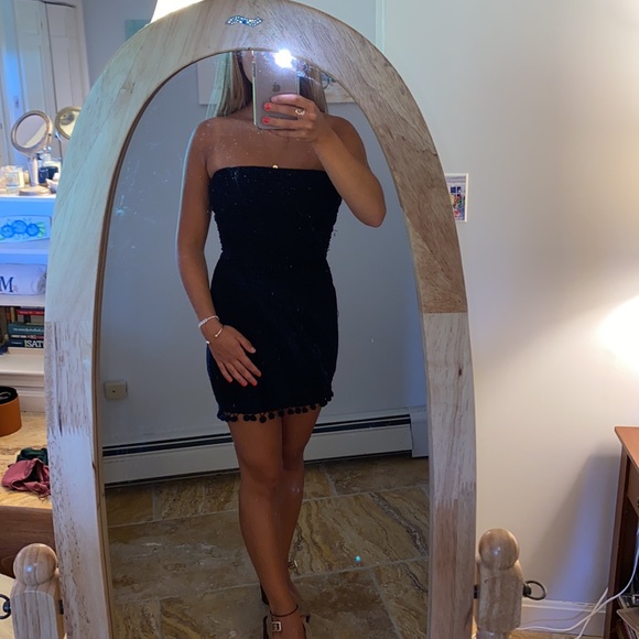 Strapless Black body con dress with Pom poms - Picture 2 of 2